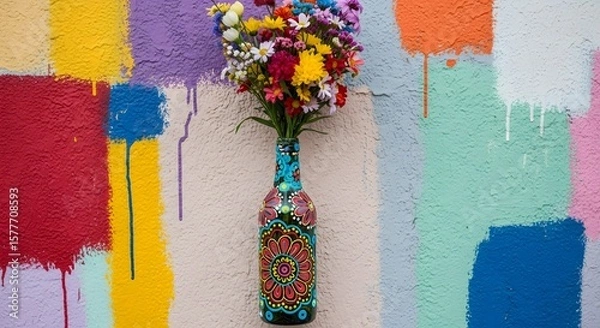 Obraz Colorful plastic bottle with artwork in colorful setting. waster material reusability, eho friendliness.