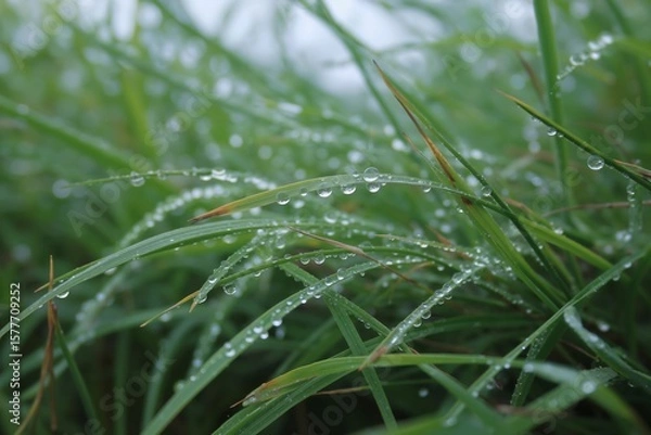 Obraz Radiant Dewdrops on Lush Green Grass Blades: A Close-Up of Nature's Serenity