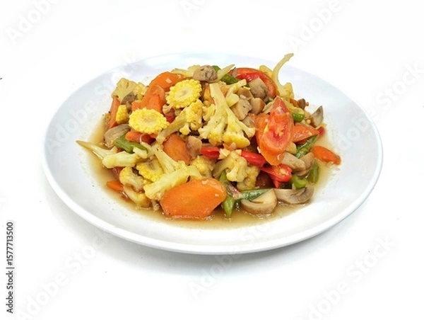 Fototapeta Capcay or Indonesian food made from various vegetables cooked stir-frying. Isolated on white background 