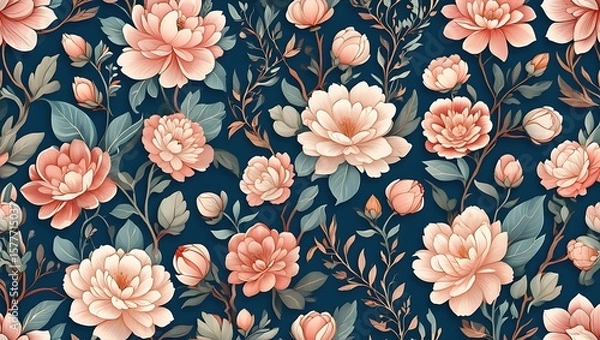 Fototapeta Elegant Floral Pattern: Seamless Peonies with Subtle Peach Tones on Navy Backdrop, Romantic Floral Wallpaper Design: Gentle Peach Peonies with Intricate Details