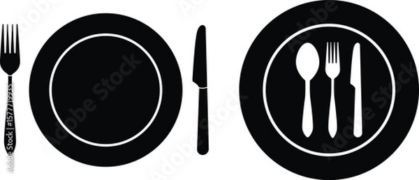 Fototapeta Table Setting Icon Vector Set – Fork, Knife, Spoon Placement Variations with Plates in Minimalist Black Silhouettes on White Background