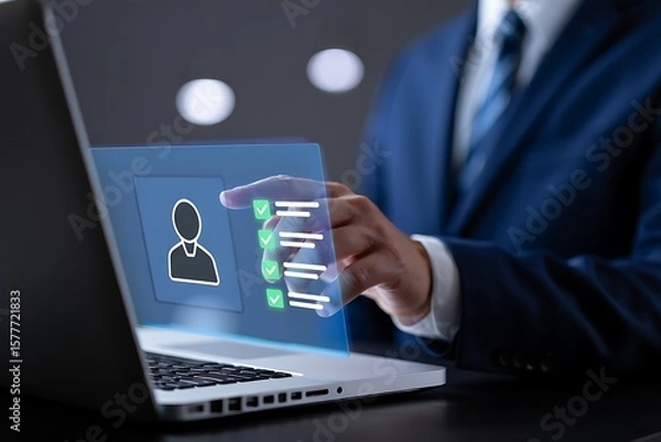 Fototapeta Businessman interacting with a digital interface displaying a user profile and checklist with completed tasks on a laptop screen representing digital onboarding or task management