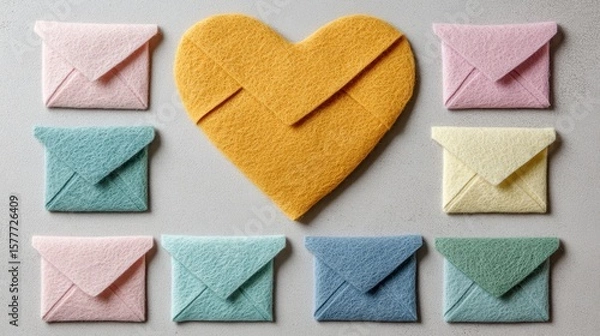 Fototapeta Colorful Felt Envelopes Arranged in Heart Shape on Gray Surface