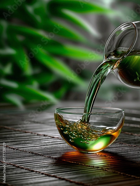 Fototapeta A stream of green tea pours from a glass teapot into a cup on a bamboo napkin. Brown background and green plants. Tea ceremony. Vertical photo. 
Generative AI