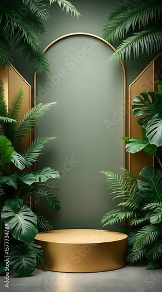 Fototapeta Elegant gold podium display surrounded by lush tropical greenery for product presentation