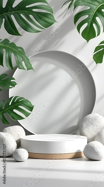 Fototapeta Minimalist product display platform with tropical monstera leaves and decorative stone elements