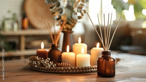 Fototapeta Romantic Home Setting with Lit Candles, Roses, and Reed Diffuser
