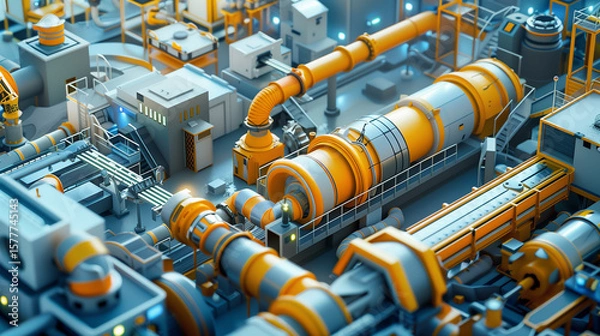Fototapeta Futuristic industrial factory with bright machinery and connected pipelines