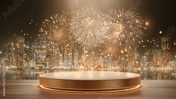 Fototapeta Golden fireworks illuminate city skyline over empty stage