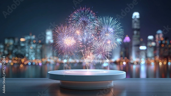 Fototapeta Vibrant fireworks over city skyline with empty platform