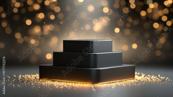 Fototapeta Minimal black podium with golden bokeh lights