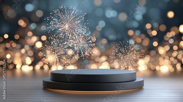 Fototapeta Minimal black podium with fireworks and bokeh lights