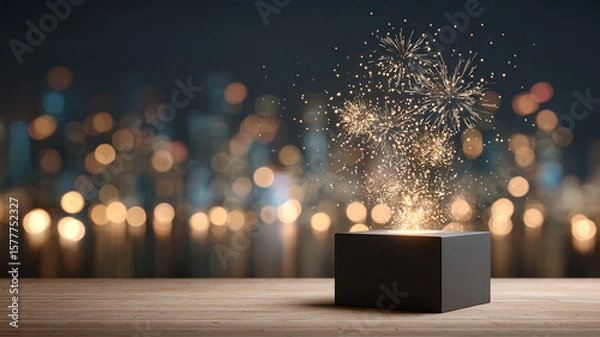 Fototapeta Black box with fireworks and bokeh lights background