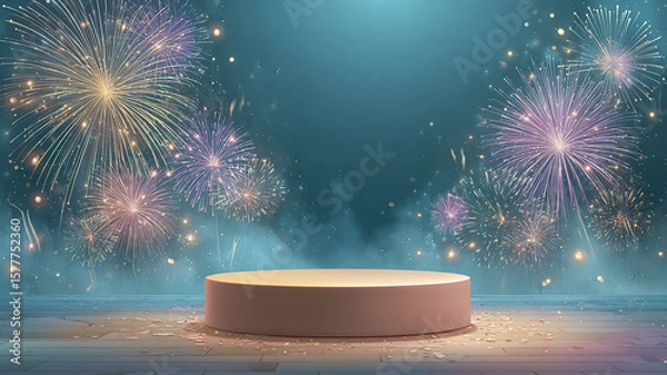 Fototapeta Festive night with vibrant fireworks and empty stage