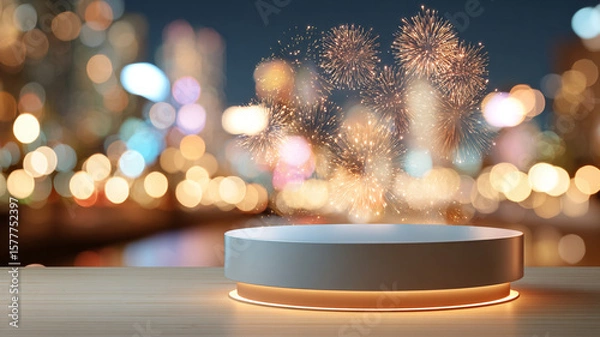 Fototapeta Round pedestal with warm fireworks in cityscape bokeh