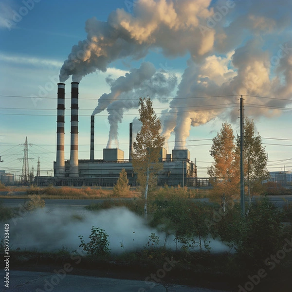 Fototapeta Power plant with smoking chimneys and autumn trees at sunset