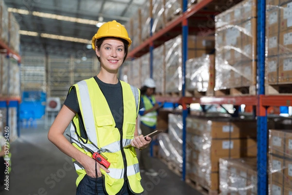 Obraz Portrait of female warehouse worker working, inspection, inventory and checking stock on shelf pallet, distribution and logistics in warehouse