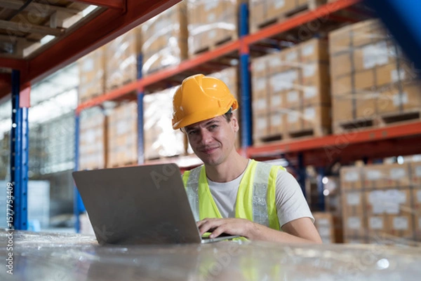 Obraz Warehouse and male worker working with laptop computer for inspection, inventory and checking stock, distribution, logistics in warehouse