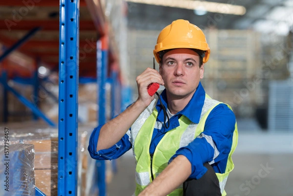 Obraz Warehouse, worker and working concept. Male warehouse worker working and management by radio walkie talkie in warehouse
