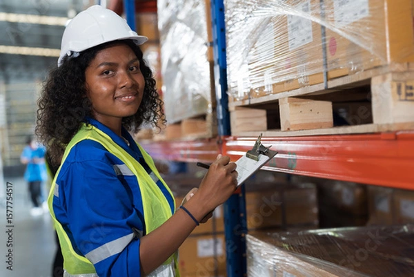 Obraz Warehouse, worker and working concept. Female warehouse worker checking barcodes and product name on boxes on shelf pallet in warehouse