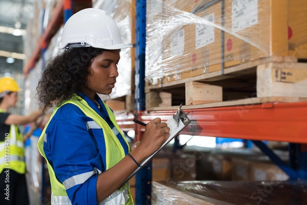 Obraz Warehouse, worker and working concept. Female warehouse worker checking barcodes and product name on boxes on shelf pallet in warehouse