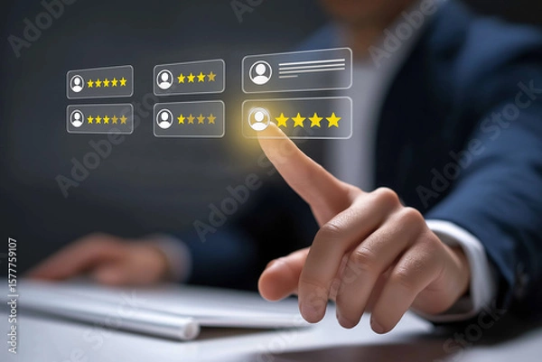 Fototapeta Customer feedback and review good rating concept, person in a business suit interacting with floating digital 5-star customer reviews. testimonial and testimony, user comment and feedback for review.