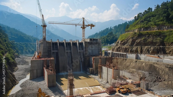Fototapeta Construction of a hydroelectric dam in a mountainous area with cranes and concrete structures