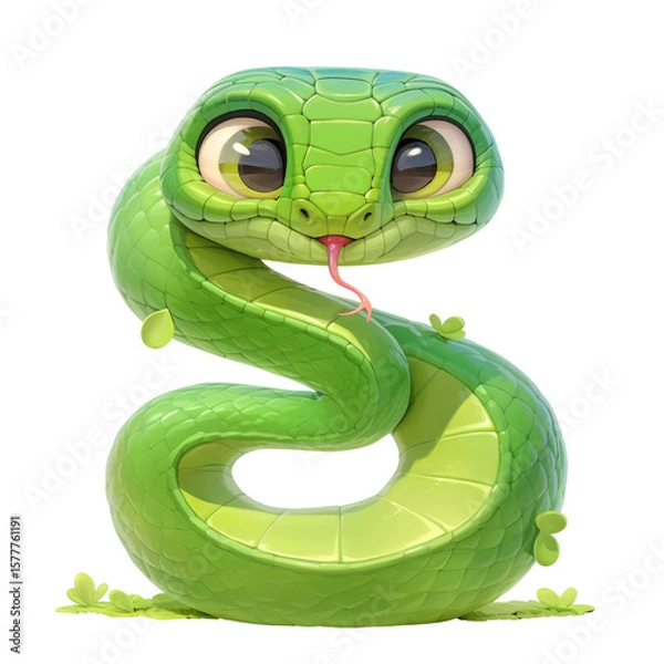 Fototapeta Playful green snake illustration transparent background letter design whimsical environment fun concept
