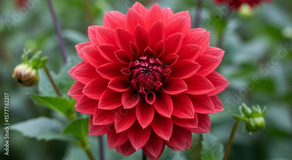 Obraz A close up of a vibrant red dahlia flower with petals arranged in a symmetrical pattern on blurred field