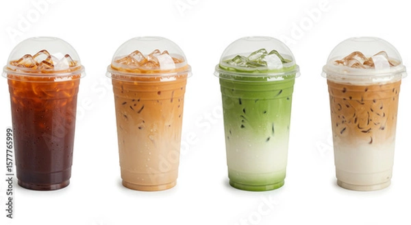 Obraz Four different iced drinks in clear plastic cups with dome lids arranged on a white background