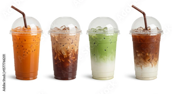 Obraz Four plastic cups with different iced drinks and straws on a white isolated background view