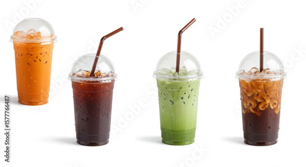 Obraz Assortment of iced drinks in clear plastic cups with straws on a white background in studio shot