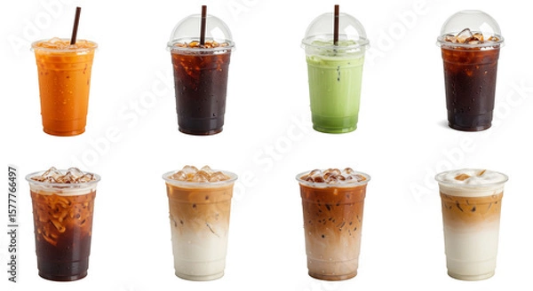 Obraz Assortment of various iced drinks in clear plastic cups with straws on a white background isolated