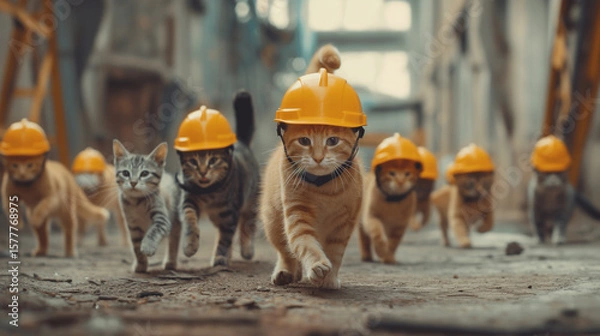 Fototapeta Funny kittens in construction helmets marching like a serious work crew