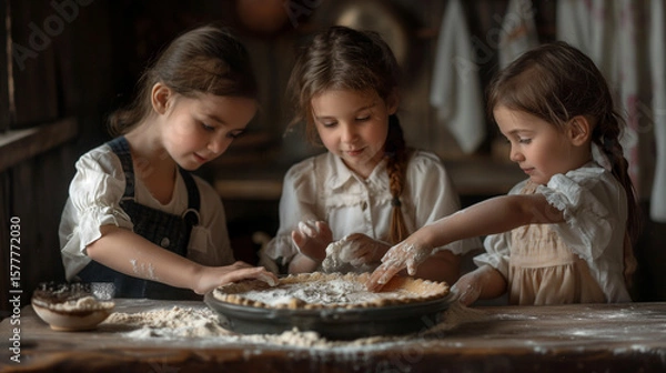 Fototapeta Three little girls joyfully baking together, preparing a pie crust with flour on a wooden table in a rustic kitchen