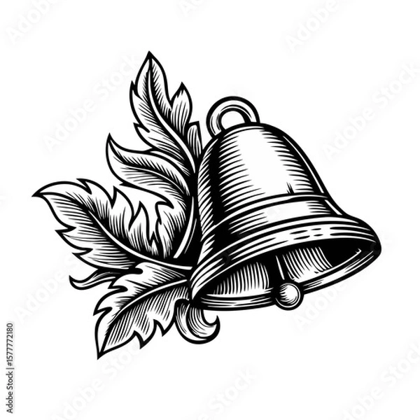 Fototapeta Notification bell with herbs in vintage engraving style, featuring intricate botanical details in monochromatic ink.