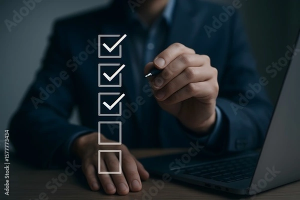 Fototapeta Man in suit checking off items on a digital to do list