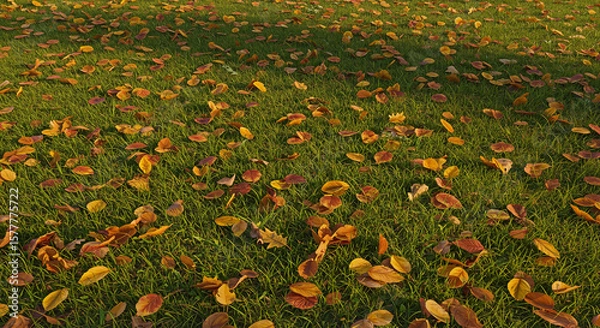 Fototapeta Colorful autumn leaves scattered on green grass for seasonal nature backgrounds