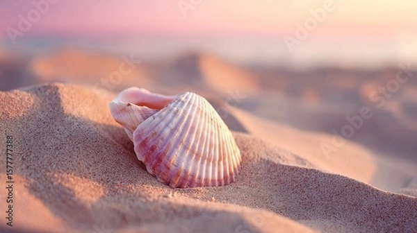 Fototapeta Nostalgic Seaside Scene with Seashell in Sunset Light – Vintage Film Tones and Cinematic Minimal Composition