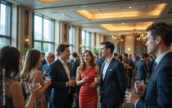 Obraz A group of elegantly dressed professionals happily mingle and network at a formal business event or reception, holding drinks