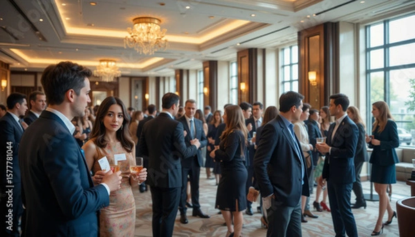 Obraz A group of elegantly dressed professionals happily mingle and network at a formal business event or reception, holding drinks
