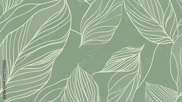 Fototapeta Seamless Abstract Line Art Pattern of Botanical Leaves in Dusty Green