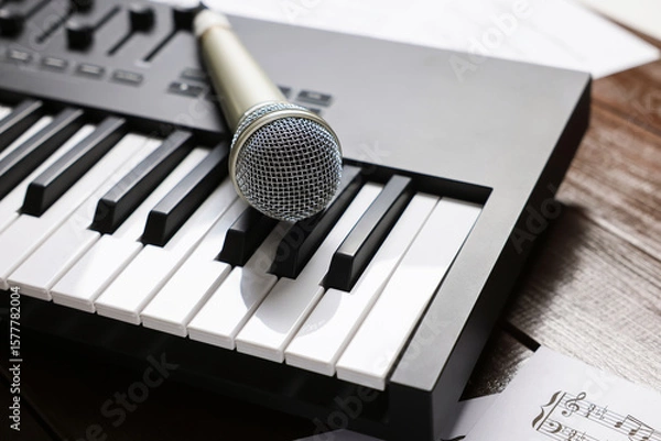 Fototapeta MIDI keyboard, microphone and music sheets on wooden table, closeup