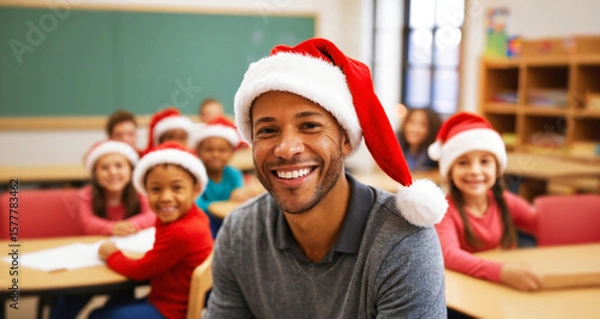 Fototapeta Smiling primary school teacher in Santa Claus hat with school classroom and children sitting at desks in the background. Concept of school, holidays, New Year and Christmas