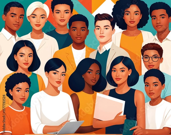 Fototapeta Vector portrait, multinational students representing higher education, global learning and academic success. Concept of future, diversity and collaboration