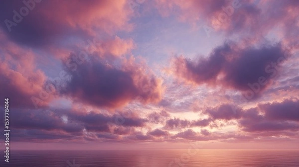 Fototapeta Surreal Sunset Sky over Calm Ocean Horizon – Dreamy Pink-Orange Clouds with Cinematic Light and Empty Space for Text