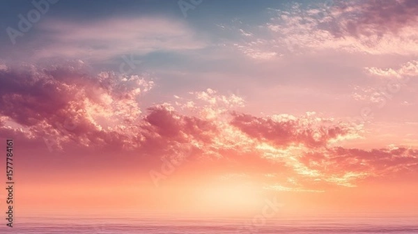 Fototapeta Surreal Sunset Sky over Calm Ocean Horizon – Dreamy Pink-Orange Clouds with Cinematic Light and Empty Space for Text