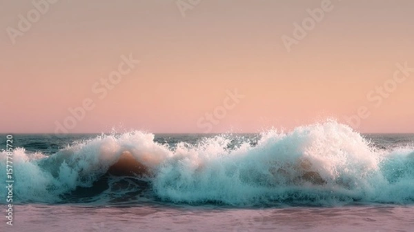 Fototapeta Frozen Wave Splash Against Peach-Pink Sky – Cinematic Wide Header Composition with Clean Space for Text Overlay