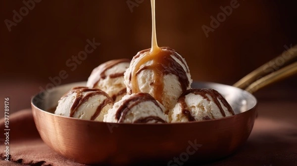 Fototapeta Close-up of ice cream balls in a copper saucepan drizzled with caramel sauce, captured in freeze motion, rich textures and warm brown background creating a cozy dessert atmosphere