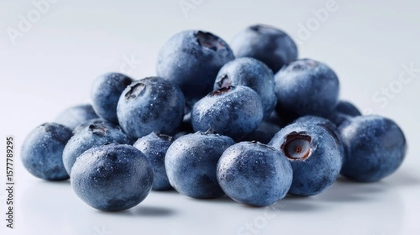 Fototapeta Fresh ripe blueberries scattered in a small set, isolated on a clean white background, high detail with natural bloom texture and soft shadows, realistic studio lighting